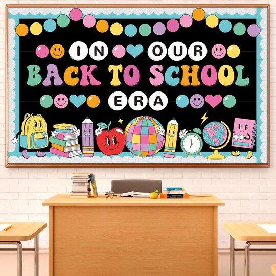 Welcome Back to School Bulletin Board Welcome Back Classroom Decoration Hippie Retro Bulletin Board Set in Our Back to School Era Cutouts for School Office Chalkboard Wall Door Decor Supply